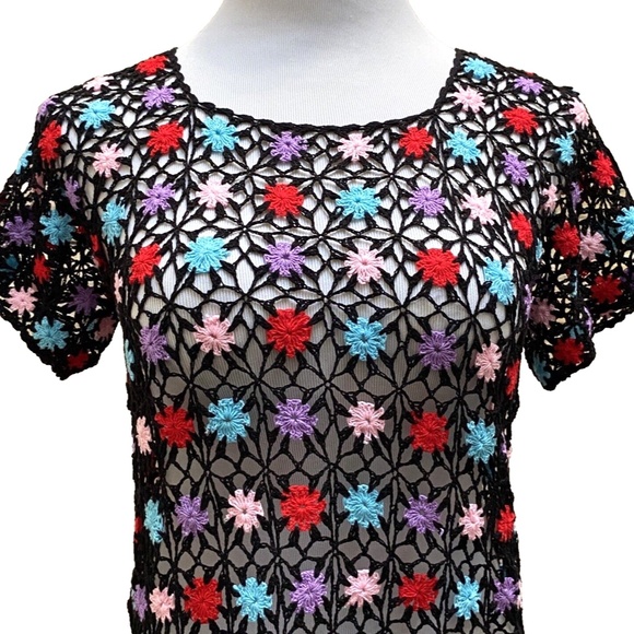 Vtg Crochet Top Small Boho Black Star Floral Open Knit Granny Hippie Summer - Picture 2 of 14
